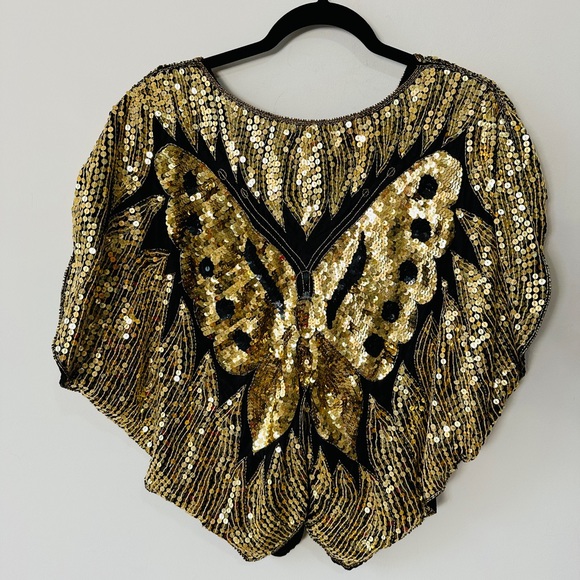 Beautiful Vintage Gold & Black Sequin Cape Style Silk Blouse By Linsiano Size M - Picture 3 of 4